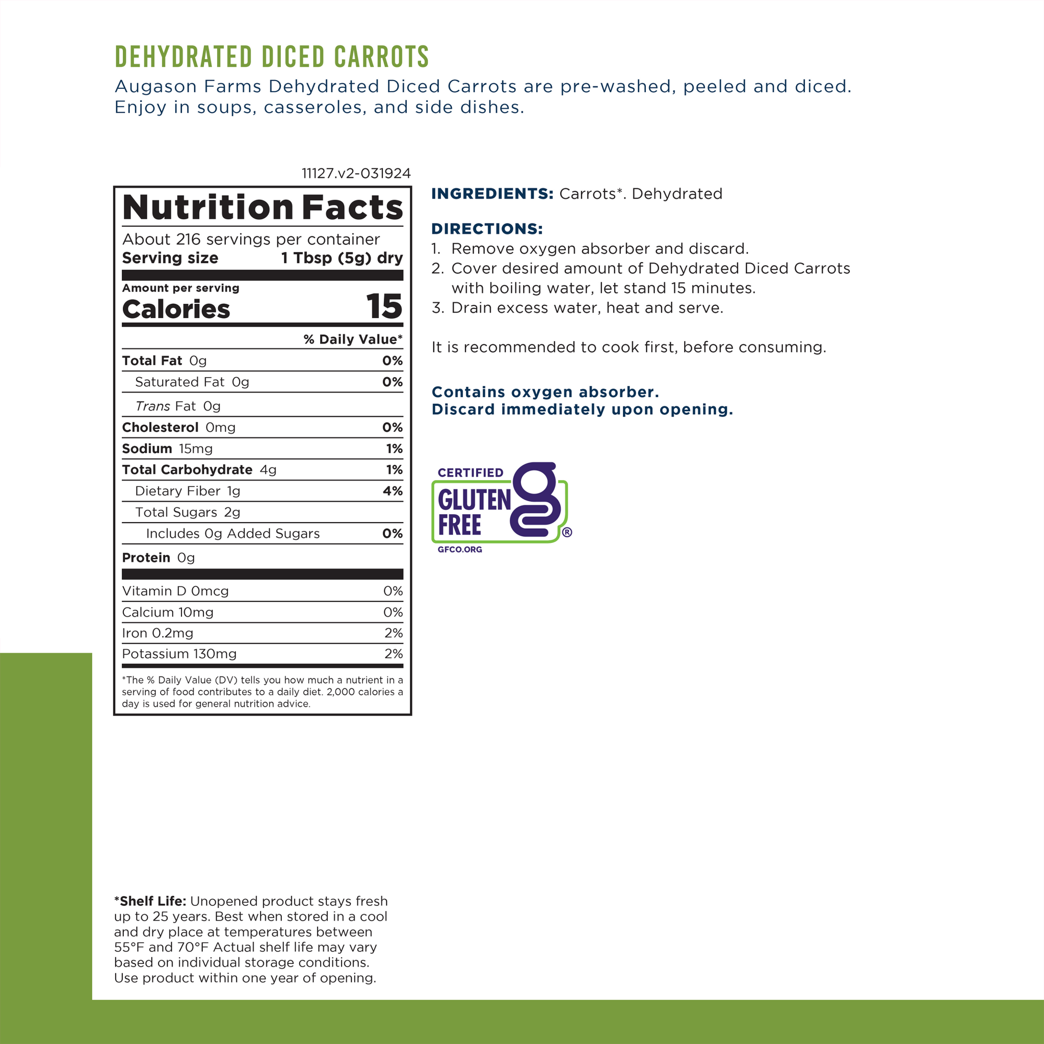 Dehydrated Diced Carrots Can, 216 Servings