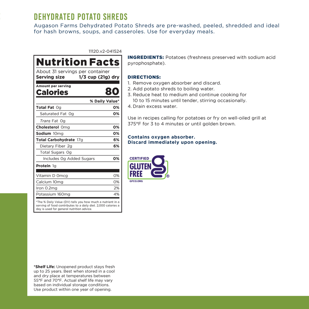 Dehydrated Potato Shreds Can, 31 Servings