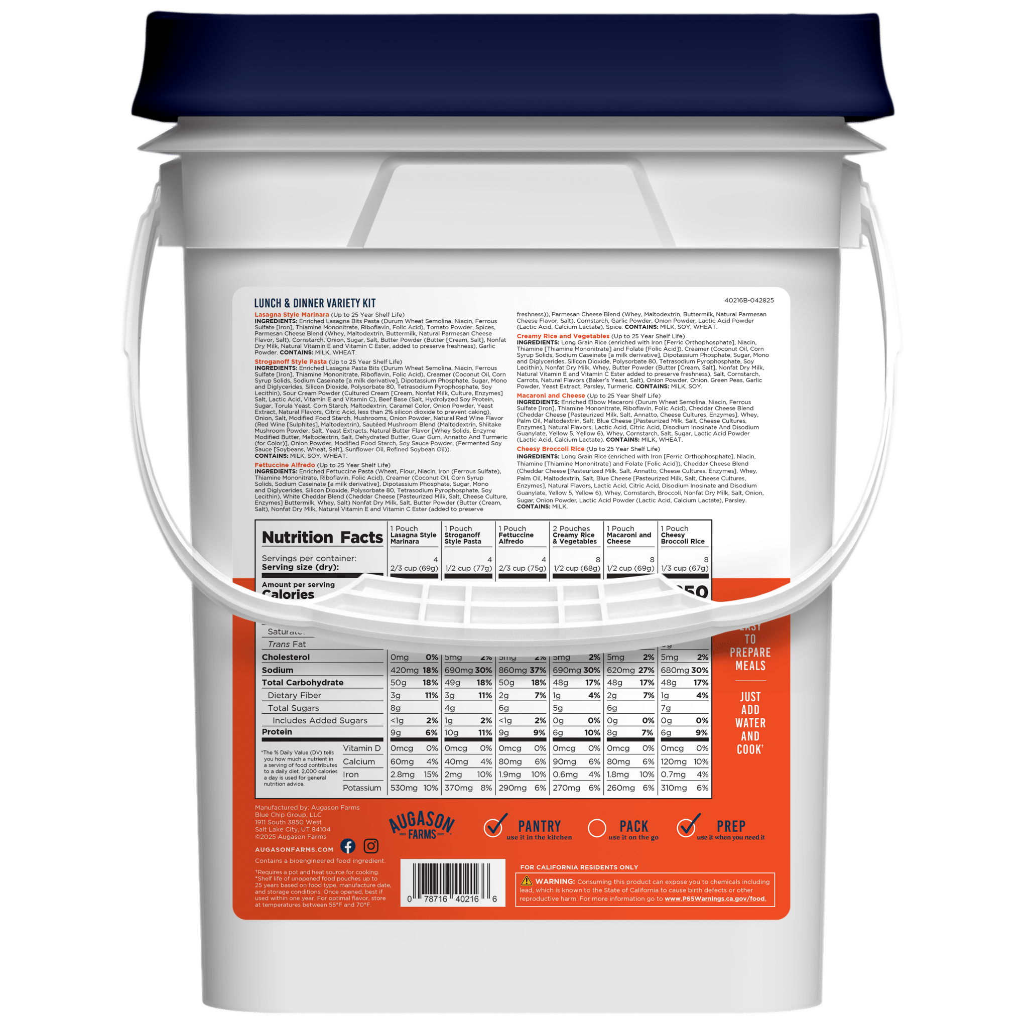 Lunch and Dinner Variety Pail, 113 Servings